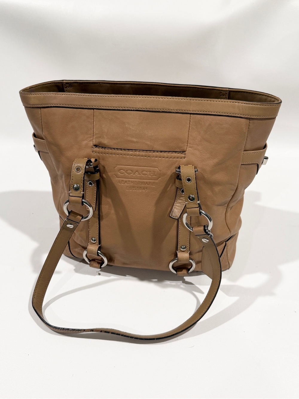 Vintage COACH Gallery Tan Leather Tote, Y2K, Dual Strap with Buckle Detail